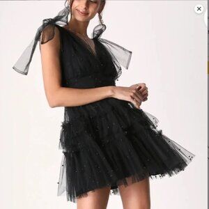 Limelight Black Tiered Tulle Mini Dress with Bow Shoulders